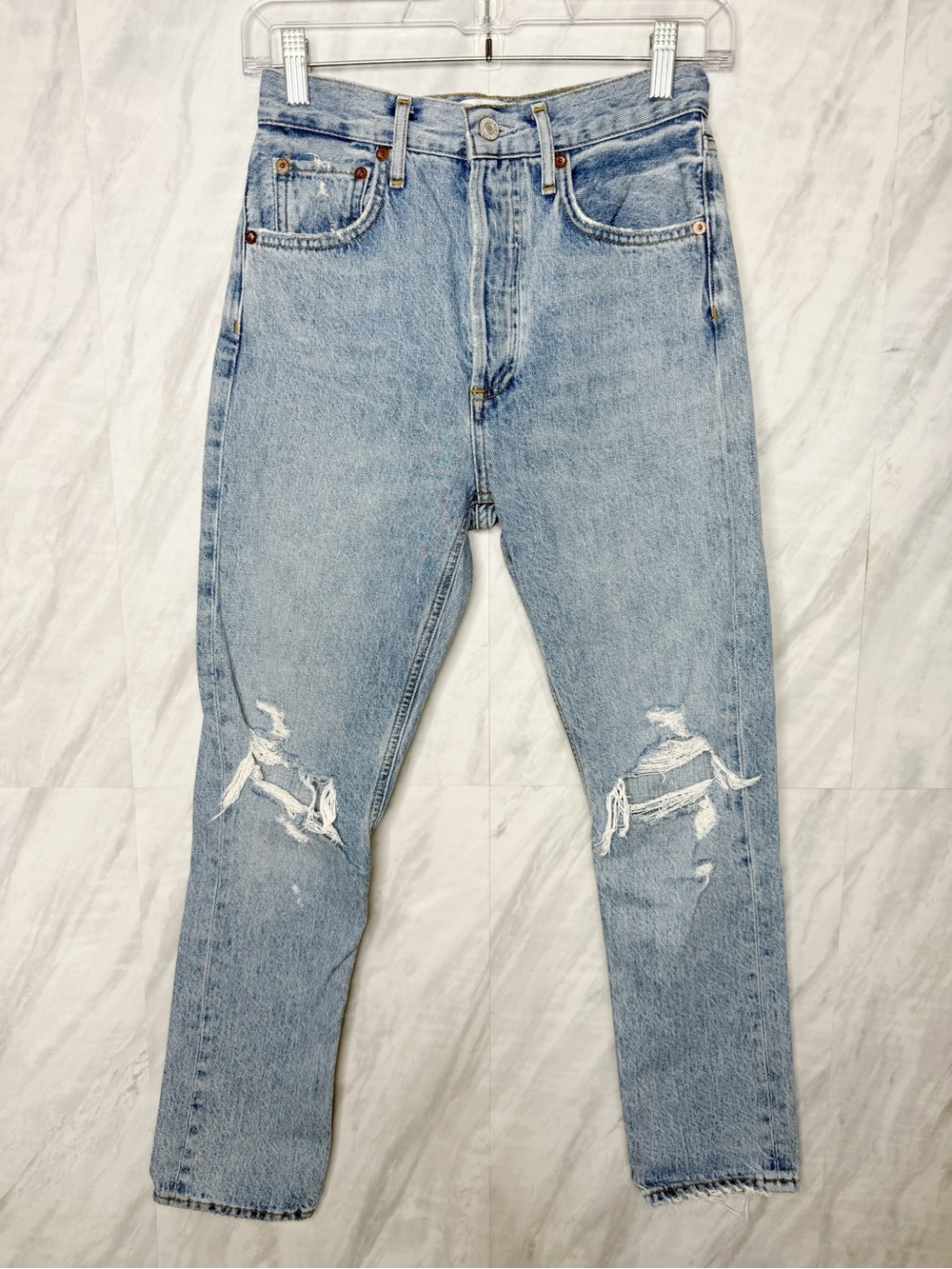Agolde Light Wash Slim Straight Distressed Riley Jeans 24